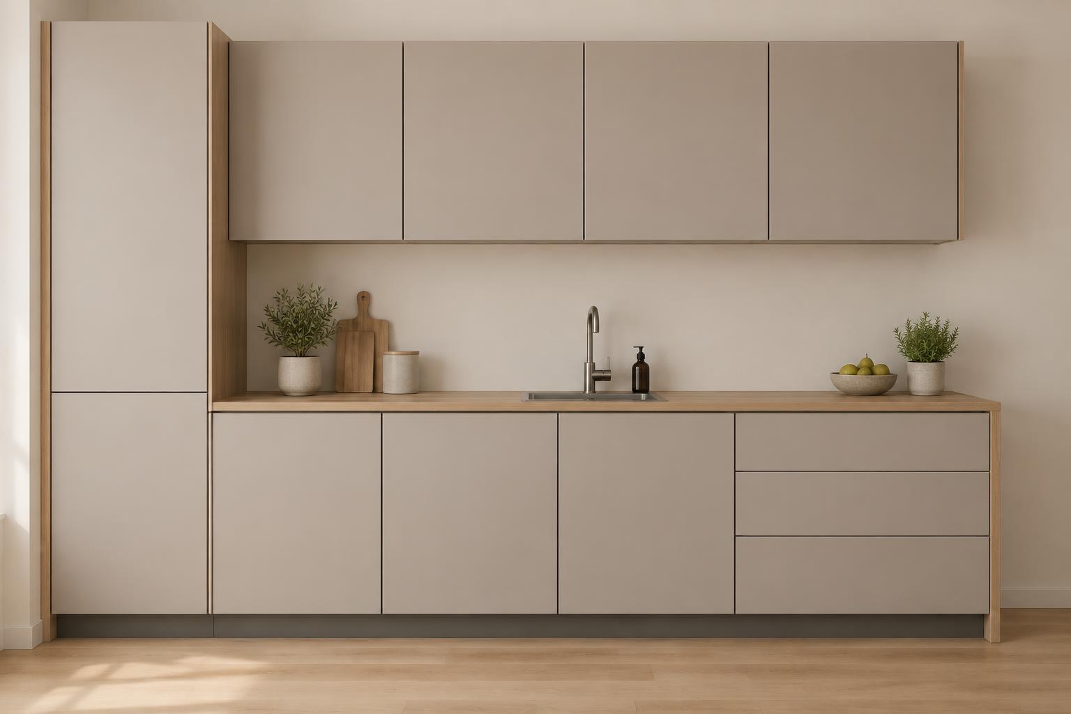 Moderne keuken met kastfronten, laden, werkblad en plint